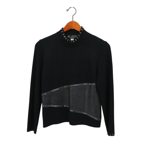 St. John Collection Sweaters - St. John Collection Leather Patch Studded Black Santana Knit Sweater 4
